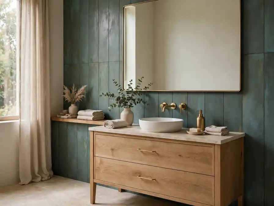 Bagno con rivestimento Verde Patina RAL 6000 - stile spa con legno e ottone Bagno spa con rivestimento verticale in verde patina RAL 6000, mobile in rovere chiaro e rubinetteria in ottone satinato
