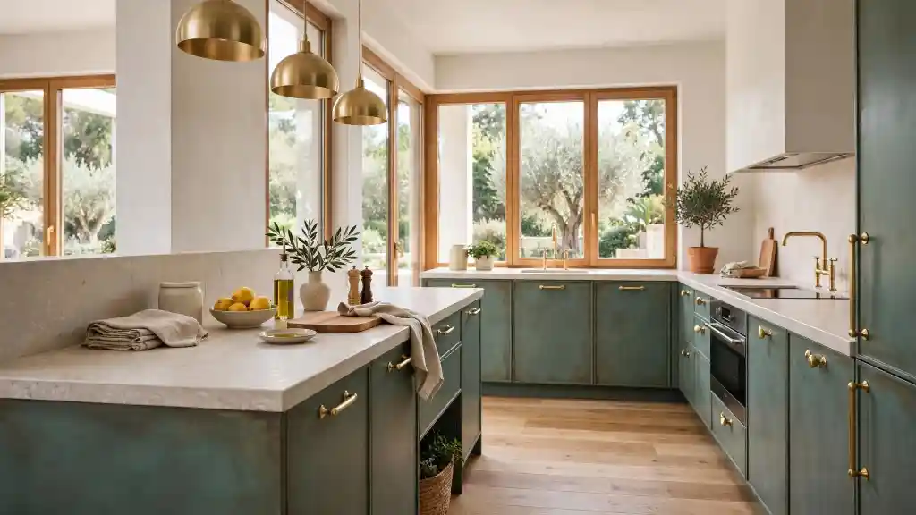 Cucina con mobili Verde Patina RAL 6000 - abbinamento rovere e ottone Cucina moderna con mobili in verde patina RAL 6000, top in pietra chiara, maniglie in ottone e pavimento in rovere