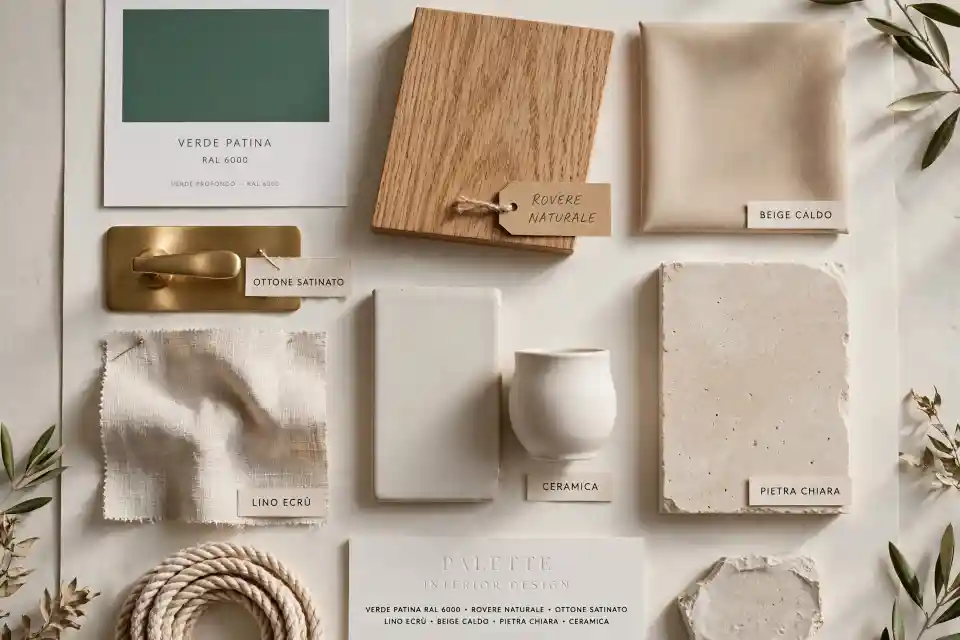 Moodboard abbinamenti materiali Verde Patina RAL 6000 - rovere, ottone, lino Moodboard materiali verde patina RAL 6000 con rovere naturale, ottone satinato, lino ecrù, beige caldo, pietra chiara e ceramica