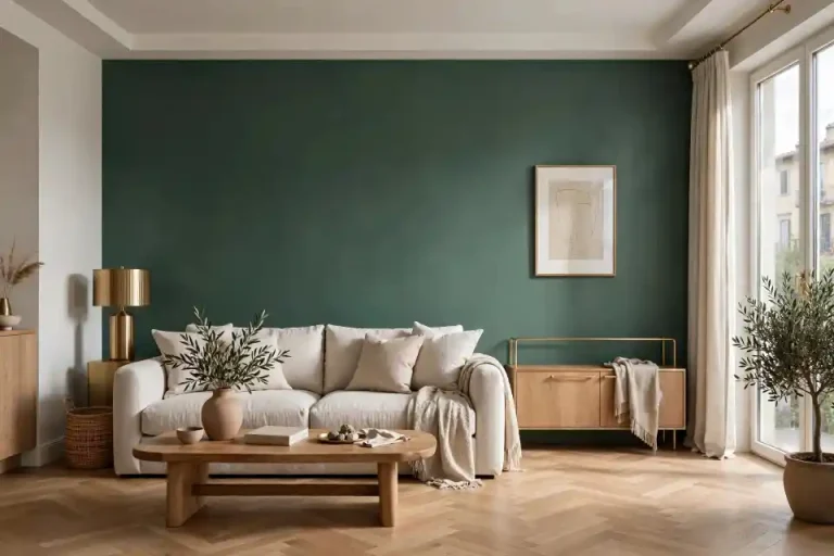 Soggiorno elegante con parete d'accento in verde patina RAL 6000, divano in lino ecrù e arredi in legno naturale e ottone