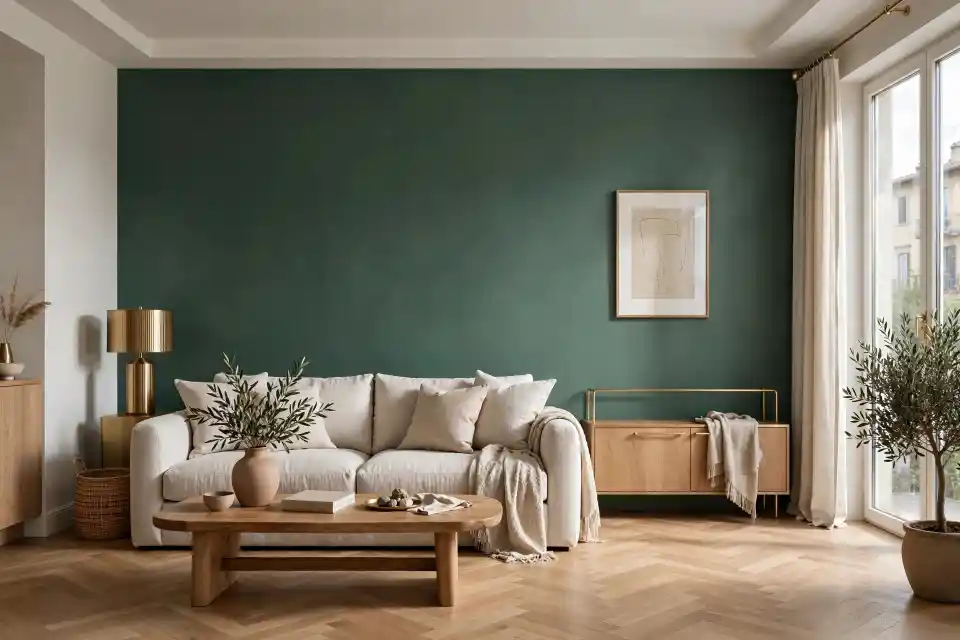Soggiorno con parete Verde Patina RAL 6000 e arredi in legno naturale Soggiorno elegante con parete d'accento in verde patina RAL 6000, divano in lino ecrù e arredi in legno naturale e ottone
