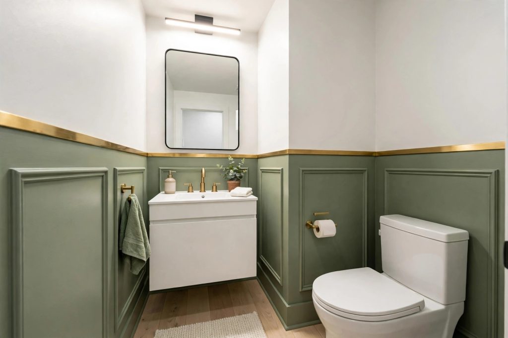 Boiserie verde per bagno muschio a mezza parete 120 cm con bianco sopra e listello ottone