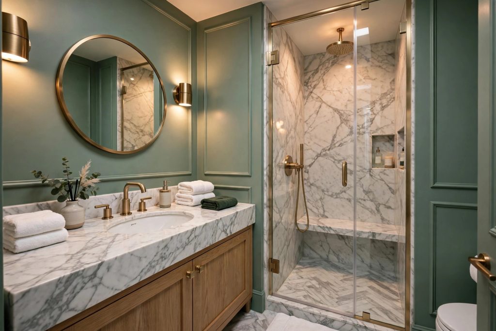 Verde per bagno eucalipto con rubinetteria ottone spazzolato e top in marmo Calacatta