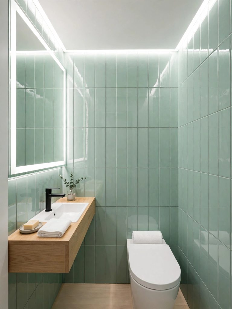 Bagno piccolo con verde per bagno menta in piastrelle lucide 60x120 effetto spa luminoso