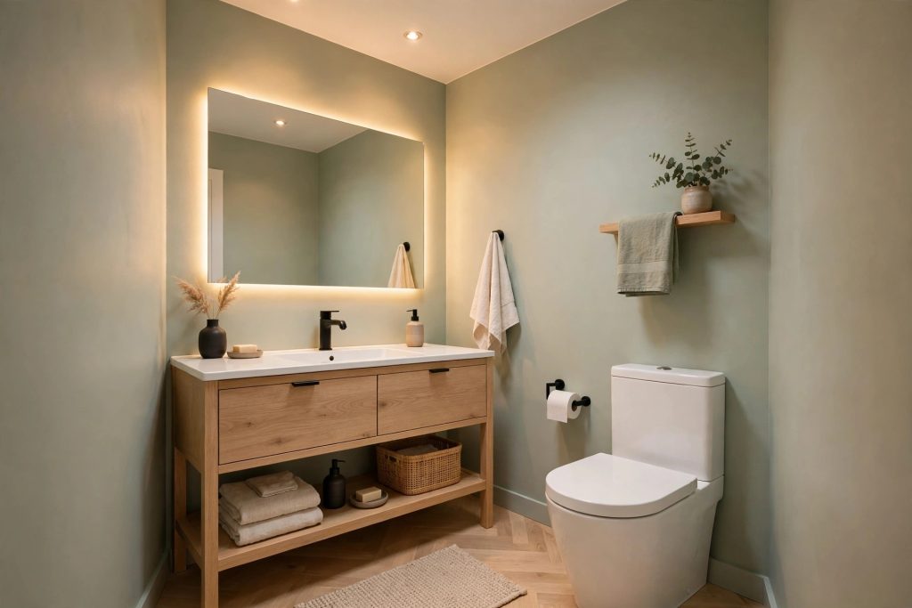 Verde per bagno piccolo senza finestra in tonalità salvia chiaro con mobile in rovere e specchio retroilluminato