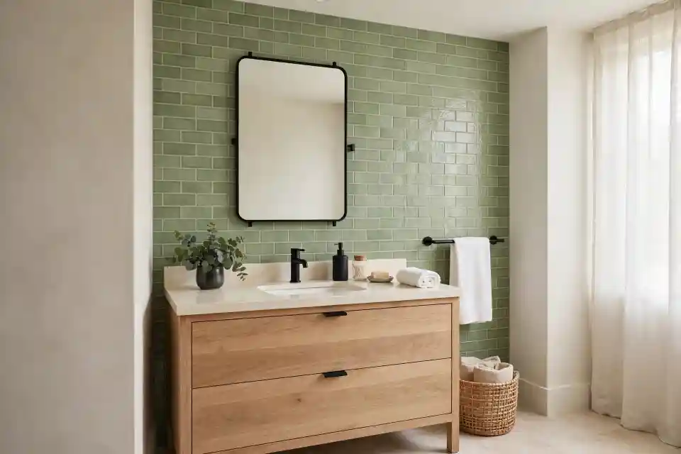 Verde wasabi arredamento bagno con piastrelle wasabi e mobile rovere chiaro Verde wasabi arredamento bagno con piastrelle verde wasabi mobile rovere e top avorio