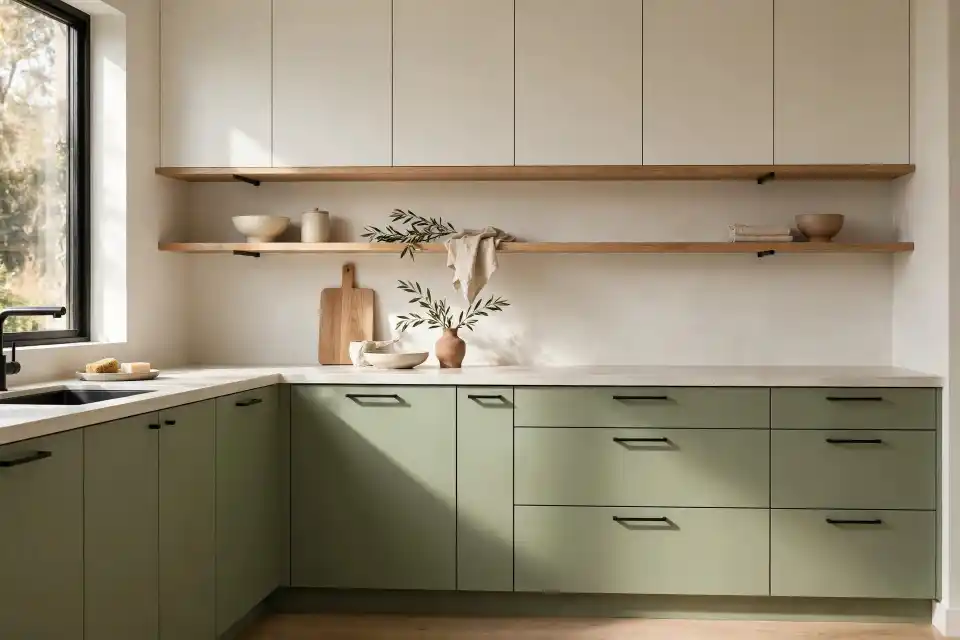 Verde wasabi arredamento cucina con ante verde wasabi e pensili avorio Verde wasabi arredamento cucina moderna con ante inferiori verde wasabi pensili avorio e mensole rovere