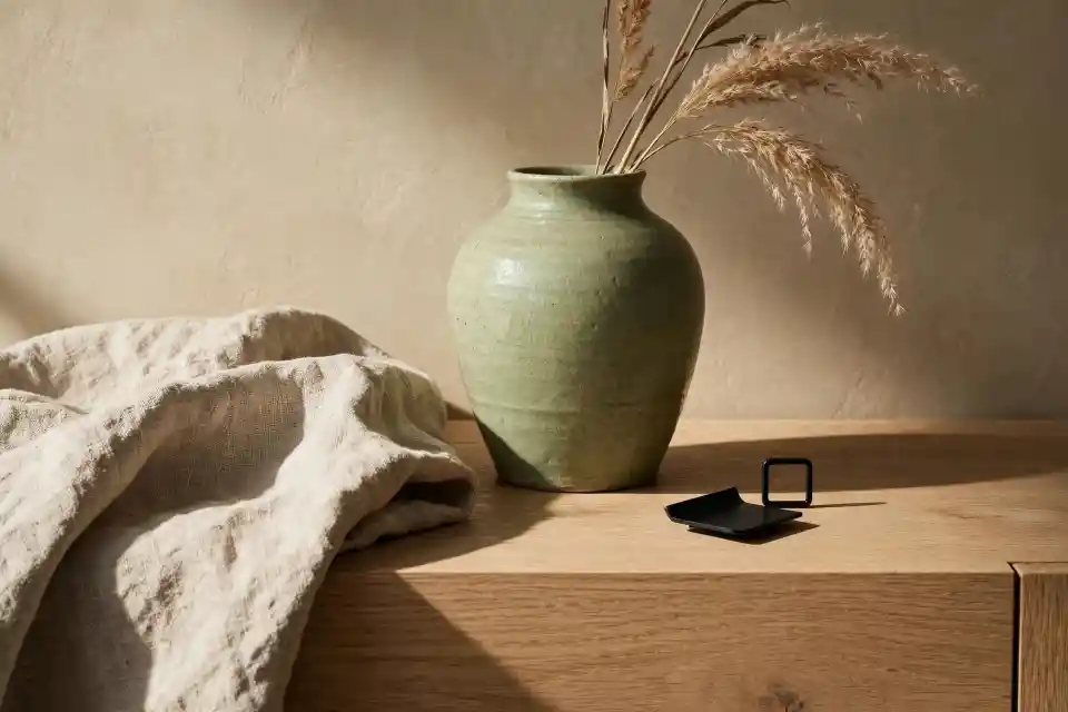 Verde wasabi arredamento dettaglio vaso ceramica e mobile rovere chiaro Verde wasabi arredamento dettaglio vaso ceramica verde wasabi su mobile rovere e lino