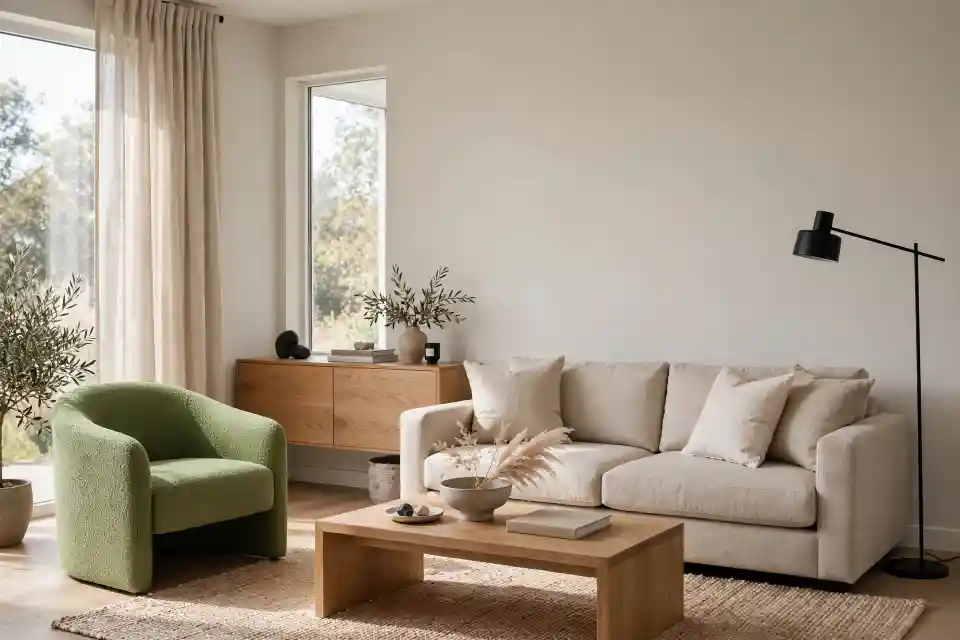Verde wasabi arredamento soggiorno luminoso con poltrona accento e divano beige Verde wasabi arredamento soggiorno con poltrona verde wasabi divano beige e mobile rovere