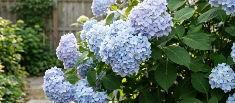 Cespuglio di ortensie con fiori celeste polvere coltivate con metodo naturale in giardino