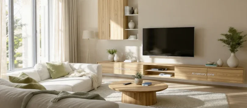 soggiorno moderno 2026 arredato per agenti AI con materiali opachi, palette beige salvia e zona memoria per oggetti