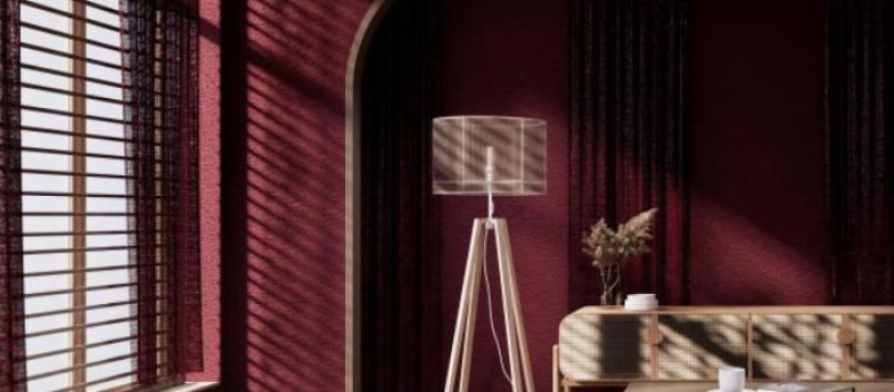 Cabinet in Viva magenta Living room with red wall and lowtable japandi style