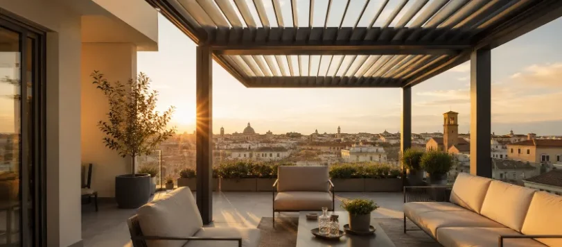 Pergola bioclimatica di design con lamelle orientabili su una terrazza minimalista al tramonto.