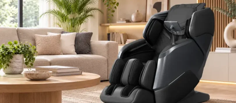 Soggiorno moderno con divano beige e poltrona massaggiante NOVA DUO nera di Komoder, massaggio 4D e design elegante per benessere quotidiano