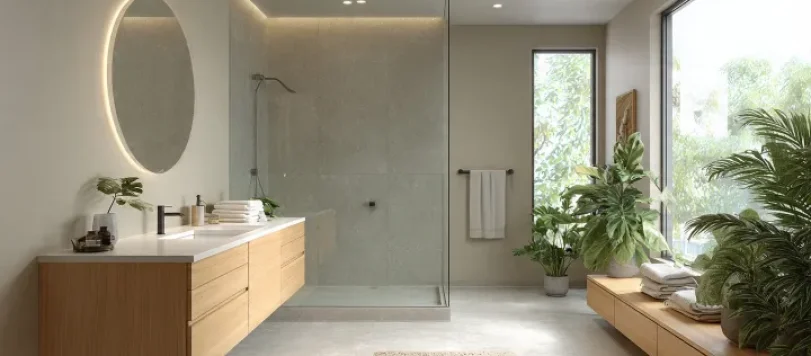 Bagno moderno spazioso con doccia walk-in, mobile sospeso in legno rovere e pavimento in gres grigio chiaro