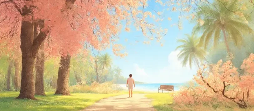 Persona che cammina su un sentiero tra alberi in fiore rosa e palme, con panchina e mare sullo sfondo sotto un cielo azzurro luminoso