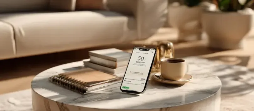Smartphone con schermata bonus 50 euro su tavolino in marmo in soggiorno luminoso con tazza di caffè e quaderni, concetto Buddybank