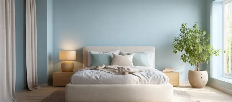 Camera da letto moderna con pareti celeste polvere, letto beige imbottito, parquet in rovere, biancheria in lino bianca e beige, cuscini azzurri, comodini in legno chiaro, luce naturale del mattino e pianta verde