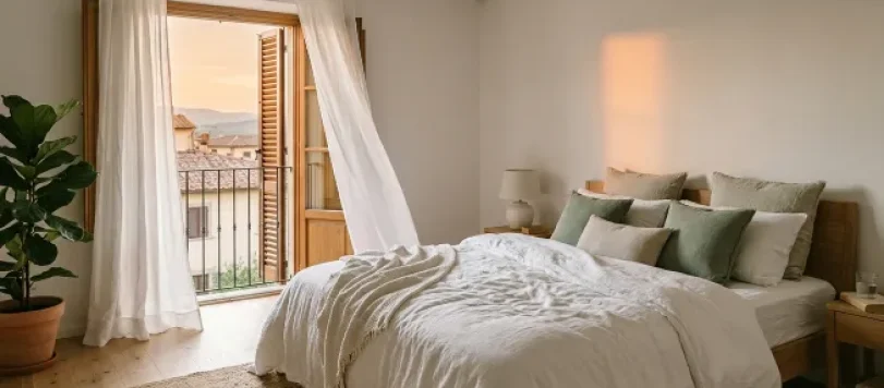 Camera da letto fresca senza condizionatore con biancheria in lino bianco, tende leggere al vento e luce calda del tramonto