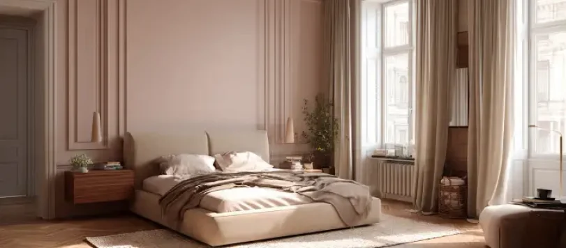 Camera da letto elegante con boiserie color cipria, letto imbottito beige e finestre affacciate su palazzi storici