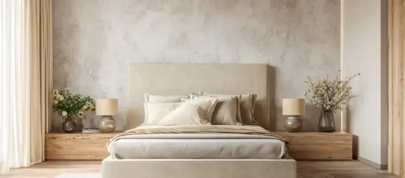 Camera da letto minimal color sabbia con parete effetto spatolato, letto imbottito e comodini in legno naturale simmetrici