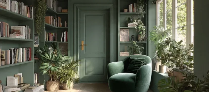 Esempio di colour drenching 2026: stanza con pareti soffitto porta e libreria tinteggiati verde salvia tono su tono