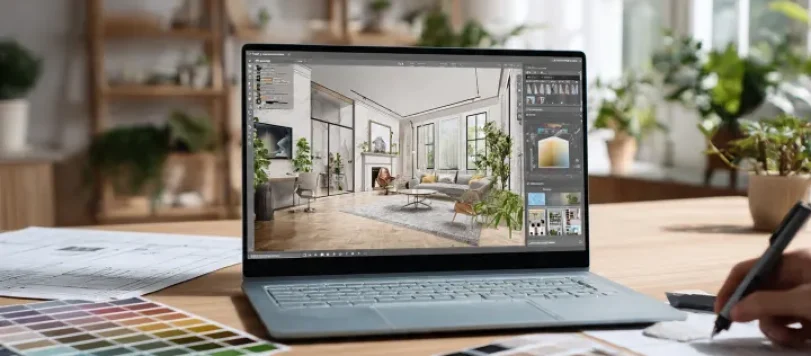 Ufficio domestico luminoso in stile scandinavo minimal con scrivania in rovere, piante e grande finestra. Su un laptop premium è aperto un software di interior design 3D che mostra una pianta 2D e il rendering fotorealistico di un soggiorno. Una mano usa il touchpad. Sul tavolo disegni architettonici, quaderno, tavolozza colori e campioni di materiali. Composizione pulita con ampio spazio vuoto a sinistra, luce naturale morbida, formato 16:9.