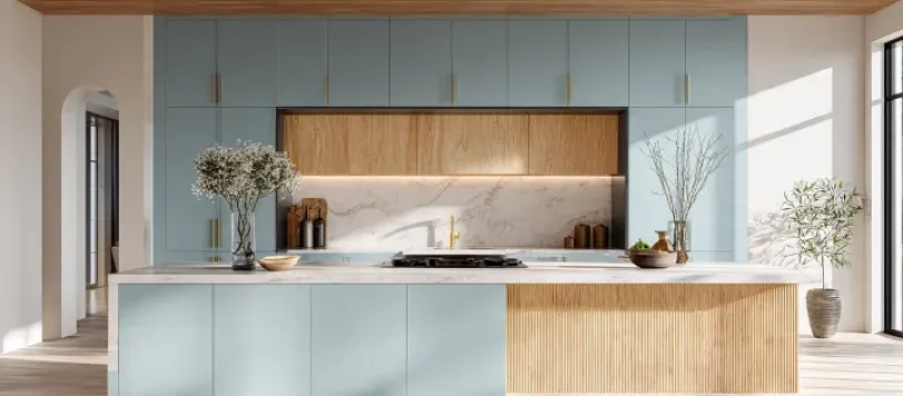 Grande cucina moderna color celeste polvere con isola centrale, pensili laccati fino a soffitto, inserti in legno naturale, top in marmo bianco e soffitto a doghe in rovere