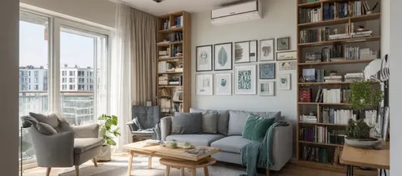 Appartamento moderno e piccolo dopo decluttering, soggiorno stile scandinavo luminoso con scaffali organizzati, mobili minimalisti, colori neutri e luce naturale, atmosfera accogliente