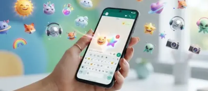 Mano che tiene smartphone con WhatsApp aperto e combinazione emoji stella sorridente, circondato da emoji 3D fluttuanti su sfondo colorato
