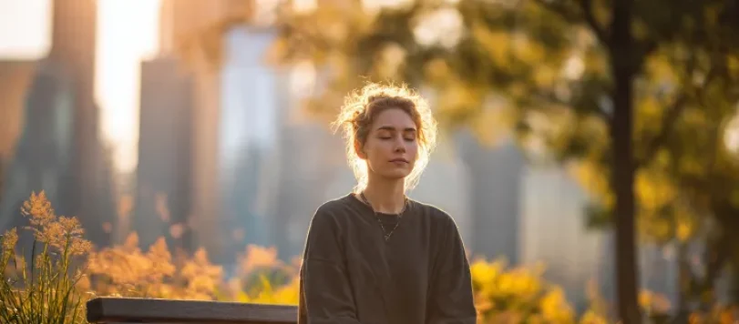 Giovane adulto seduto in pace su una panchina in un parco urbano all'alba, luce naturale soffusa tra gli alberi, espressione calma, skyline cittadino sfocato sullo sfondo, atmosfera di equilibrio emotivo e resilienza, fotografia realistica stile magazine premium