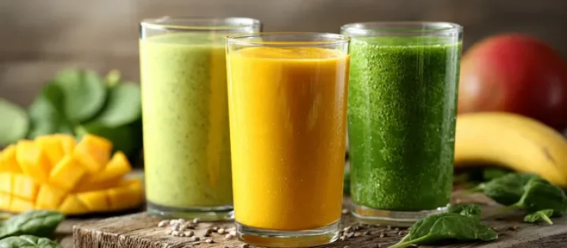 Tre bicchieri di frullati colorati su tagliere in legno, con al centro un frullato giallo curcuma, accanto a smoothie verdi, mango a cubetti, banana e foglie di spinaci freschi