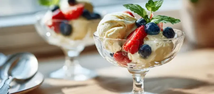 Coppe di gelato alla vaniglia fatto in casa con fragole, mirtilli freschi e foglie di menta