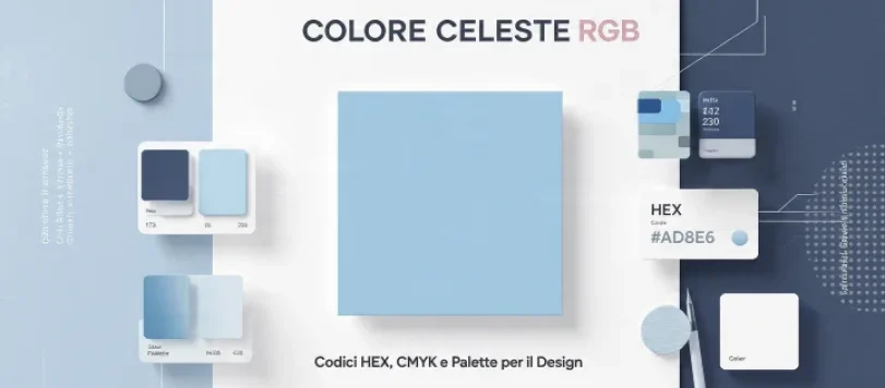 Copertina guida colore celeste RGB con campione centrale azzurro chiaro #ADD8E6, palette di blu, codici HEX e layout minimal design
