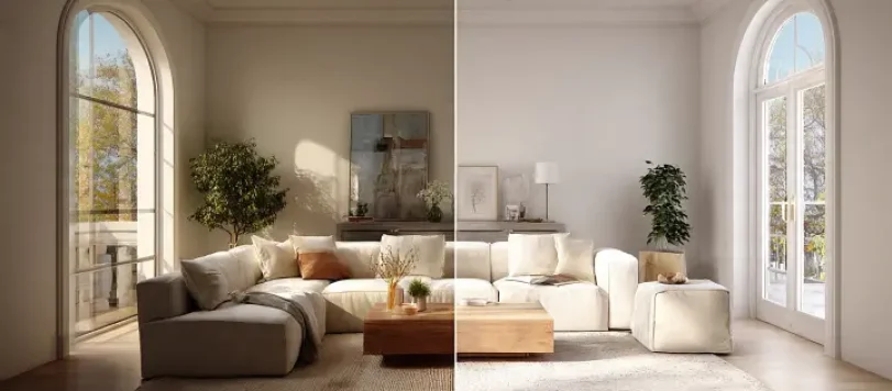 Confronto split scene di un soggiorno moderno di lusso. A sinistra render ultra fotorealistico stile Homestyler con luce naturale cinematografica e texture dettagliate. A destra render 3D pulito stile Planner 5D con arredi moderni e toni neutri. Composizione simmetrica bilanciata, stile fotografia editoriale architettura, profondità di campo morbida. Formato 16:9.