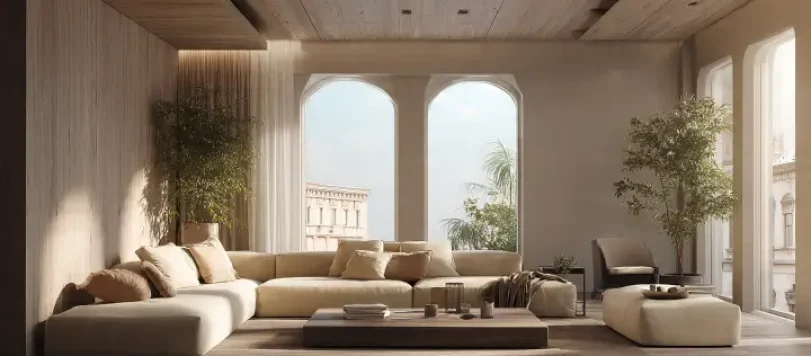 Soggiorno moderno di lusso fotorealistico diviso tra interno reale e visualizzazione architettonica 3D, arredi eleganti, luce naturale, toni caldi