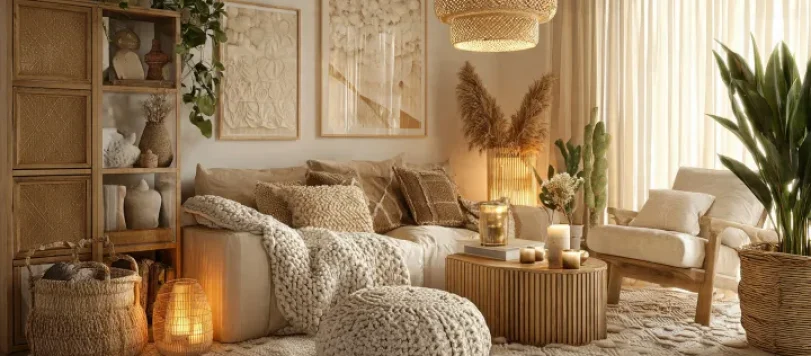 Salotto boho scandinavo con divano beige, poltrona in rattan, pouf lavorato a maglia, lampada sospesa intrecciata e luce naturale calda