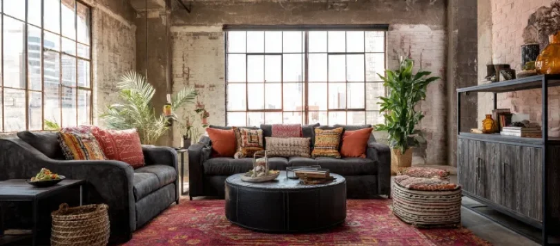 Soggiorno loft industriale con divani grigi, tappeto rosso vintage, cuscini etnici e madia in legno e metallo