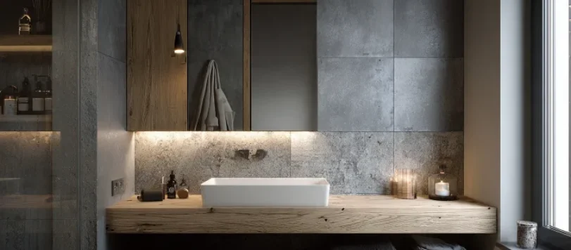 Mobile bagno sospeso in legno naturale con doppia mensola aperta, lavabo bianco da appoggio e parete effetto cemento