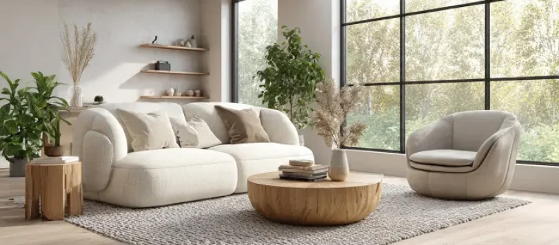 Soggiorno moderno in stile japandi con divano bouclé bianco, poltrona curva e grande tappeto moquette beige intrecciato a trama grossa su parquet chiaro