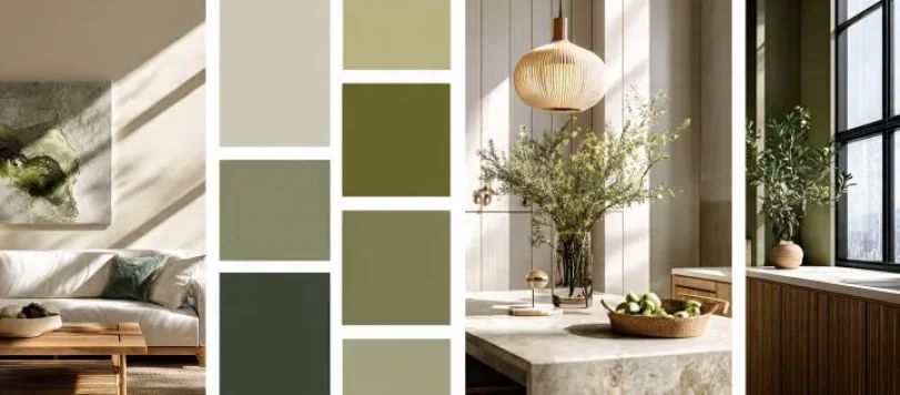 Palette di verdi naturali per interni: soggiorno con divano neutro e legno chiaro, camera con parete verde salvia, cucina con isola in marmo e dettagli verde oliva. Stile modern organic e Japandi con luce naturale.