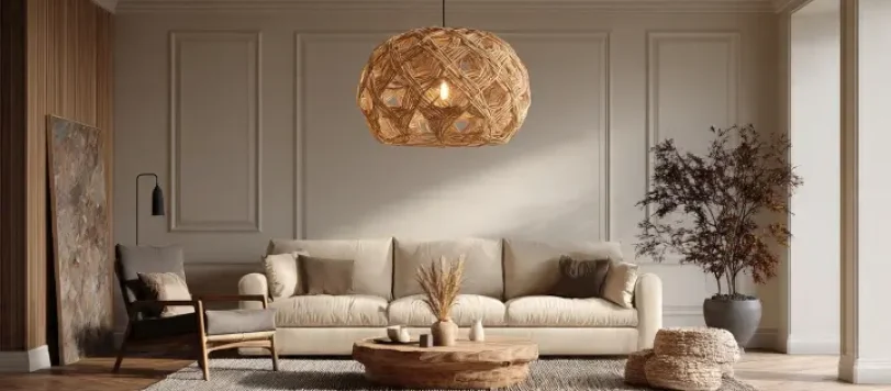 Paralume in rattan intrecciato a sospensione al centro di un soggiorno moderno dai toni neutri e accoglienti