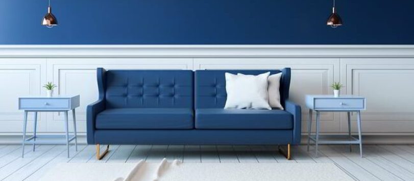 Modern interior of living room with armchairs on white flooring and dark blue wall .emptry room ,3d rendering
