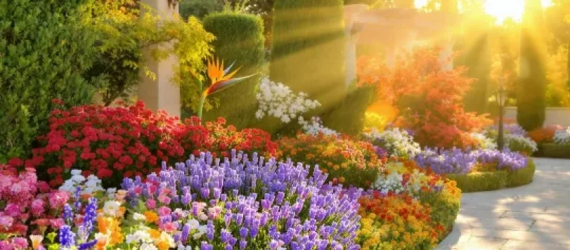 Giardino ornamentale con lavanda, petunie, echinacea e altre piante fiorite accanto a siepi sempreverdi e a un pergolato in legno immerso nel verde