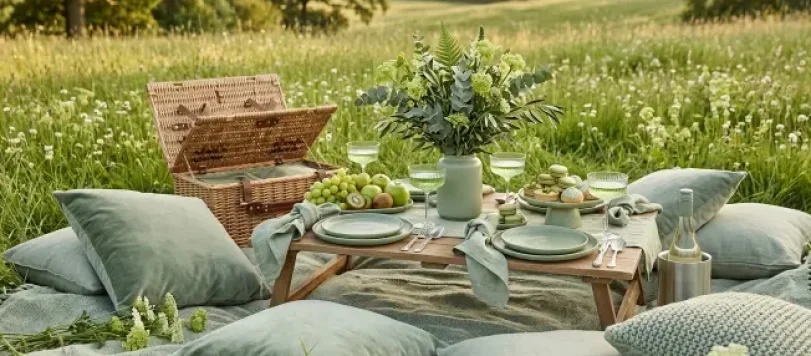 Picnic di lusso monocromatico verde salvia in un prato fiorito al golden hour, tavola bassa in legno apparecchiata con piatti, bicchieri e macaron coordinati, cuscini e plaid coordinati, cesta di vimini aperta, bouquet di eucalipto e fiori verdi, atmosfera elegante e naturale con luce dorata e sfondo colline.