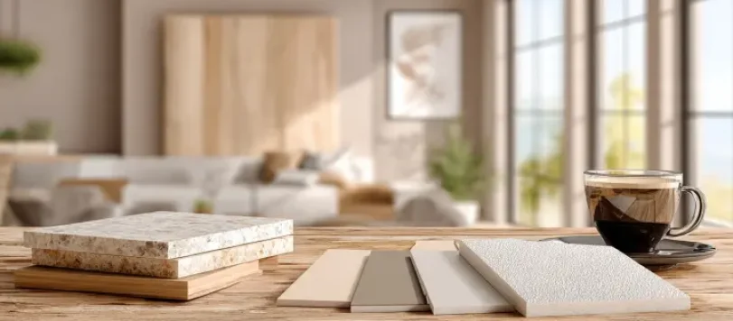 Campionario colori RAL Sabbia in tonalità beige, greige e bianco su tavolo in legno rustico in soggiorno moderno