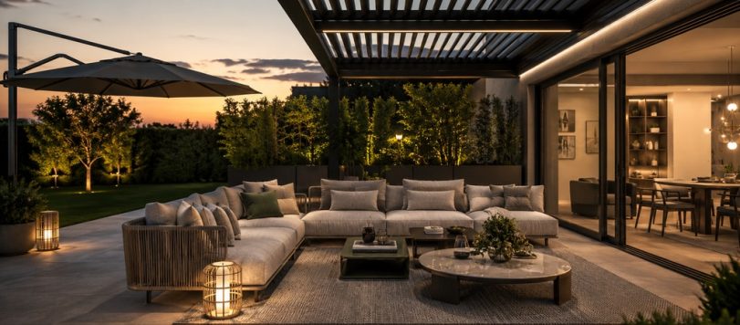 Salotto outdoor moderno con divano modulare, pergola bioclimatica, ombrellone laterale e illuminazione serale in giardino