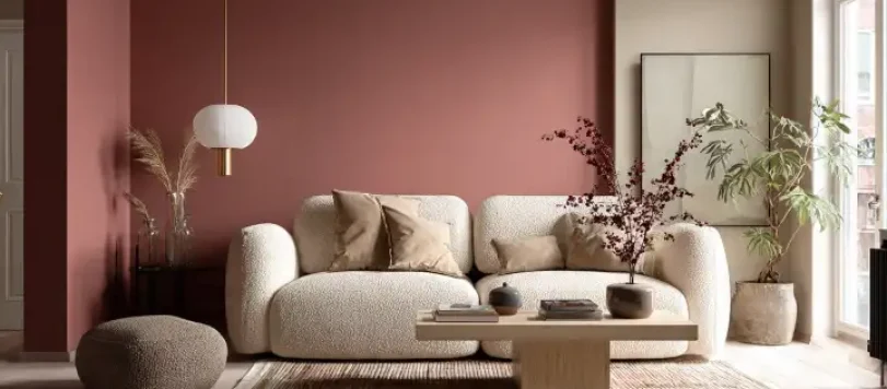 Salotto con parete terracotta scura, divano bouclé panna con cuscini nude e tavolino basso in legno chiaro