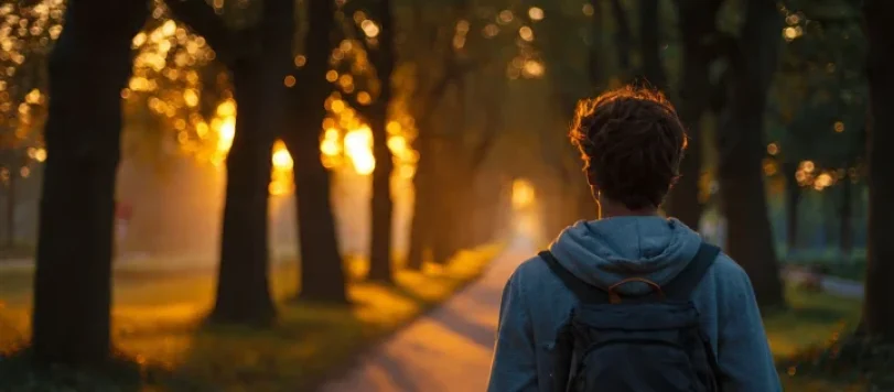 Giovane adulto che cammina da solo su un sentiero alberato all'alba con luce dorata, smartphone nello zaino non utilizzato, espressione calma, atmosfera cinematografica di pace e chiarezza mentale, stile editoriale premium con spazio negativo per titolo
