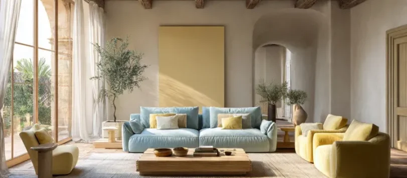 Soggiorno elegante in palette celeste powder e giallo burro con divano in lino, mobili in rovere naturale, design italiano contemporaneo e luce naturale, trend colori 2026